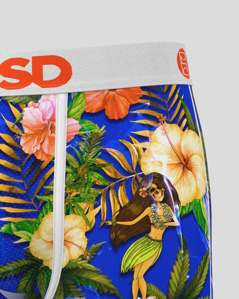 Blue boxer briefs with tropical floral print, yellow and orange palm fronds, colorful hibiscus flowers, and hula dancer illus