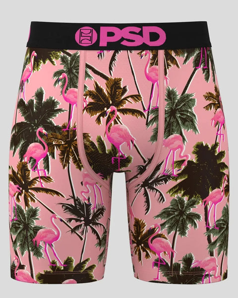 Pink boxer briefs with pink flamingos and green palm trees on pink background, black PSD waistband.