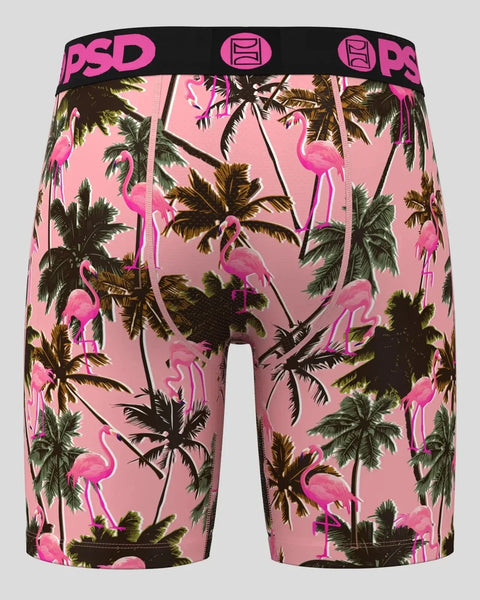 Pink shorts with pink flamingos and palm trees, black PSD waistband.