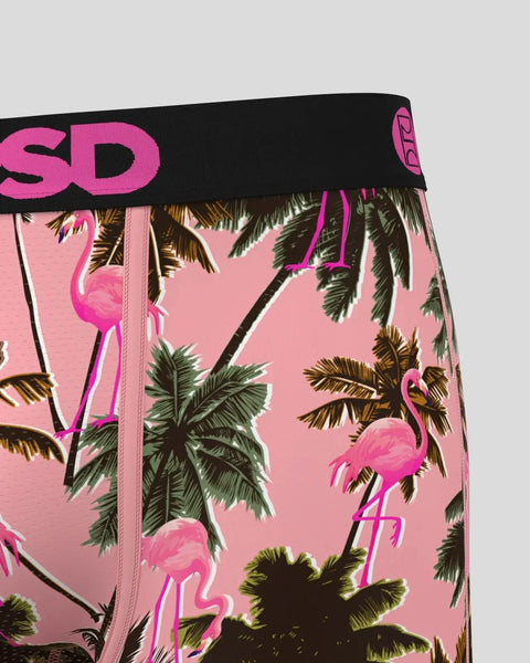 Pink underwear with black waistband featuring bright pink flamingos and green palm fronds on pink background.