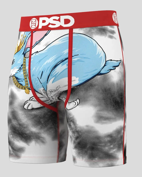 PSD boxer briefs with red waistband featuring blue winged cartoon character and gold chain graphics on grayscale background.