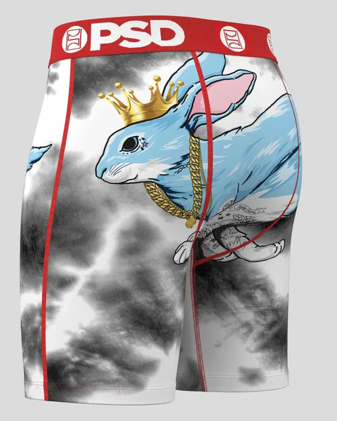 PSD boxer briefs with blue crowned fish illustration, red waistband, and cloud pattern background.