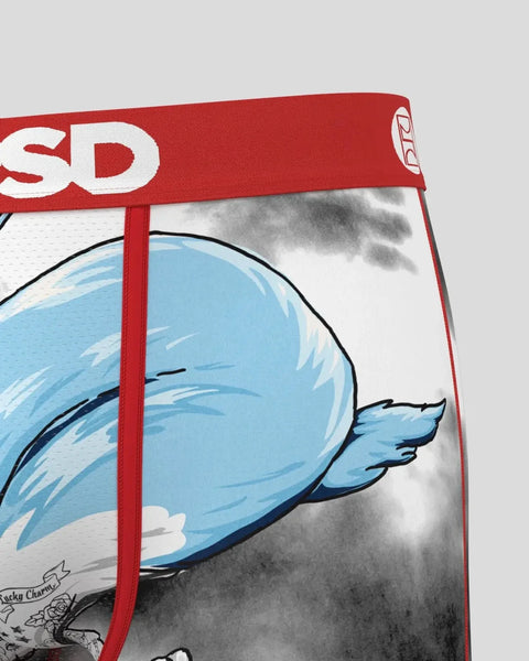Red waistband with white text and blue cartoon character graphic on white and gray background.