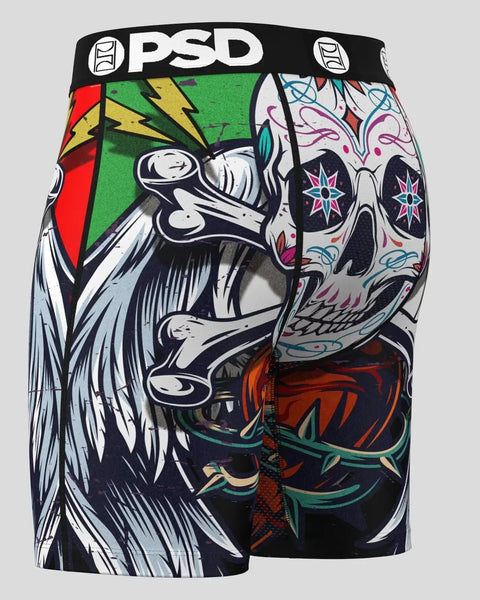 PSD brand boxer briefs featuring split skull design with colorful graphic patterns in black, white, red, green, and purple.