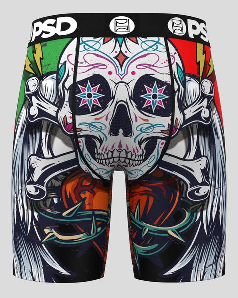 PSD boxer briefs with colorful skull and crossbones graphic print on black and white background.