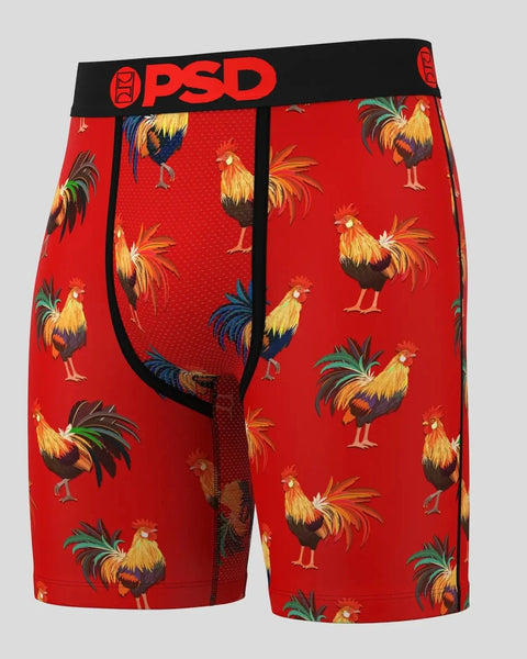 Red PSD boxer briefs with repeated rooster print and black waistband.