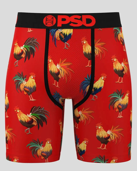 Red boxer briefs with repeating rooster print, black waistband with PSD logo, and mesh center panel.