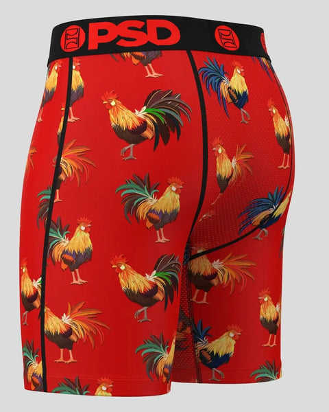 Red PSD boxer briefs with colorful rooster print and black waistband.