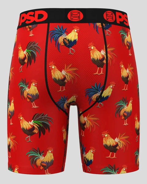 Red PSD boxer briefs with rooster and colorful feather pattern throughout.