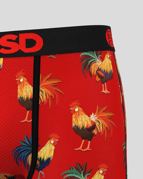 Red boxer briefs with rooster print and black waistband featuring brand logo.
