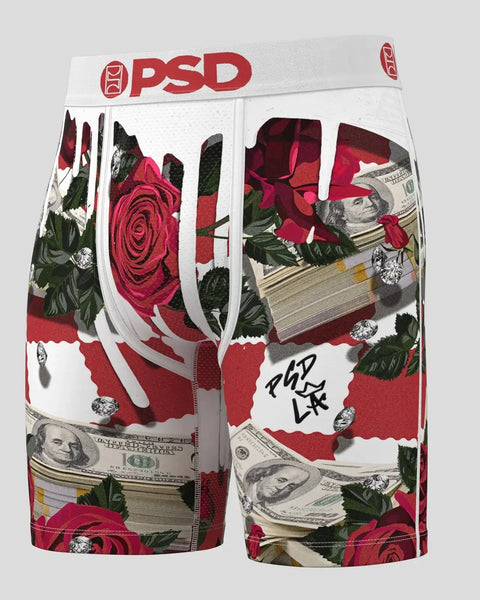 PSD boxer briefs with red and white checkered pattern, red roses, green leaves, dollar bills, and 