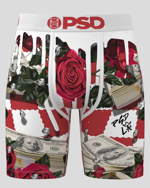 PSD boxer briefs with red roses, green leaves, US dollar bills, diamonds, and black and white portrait illustrations on white