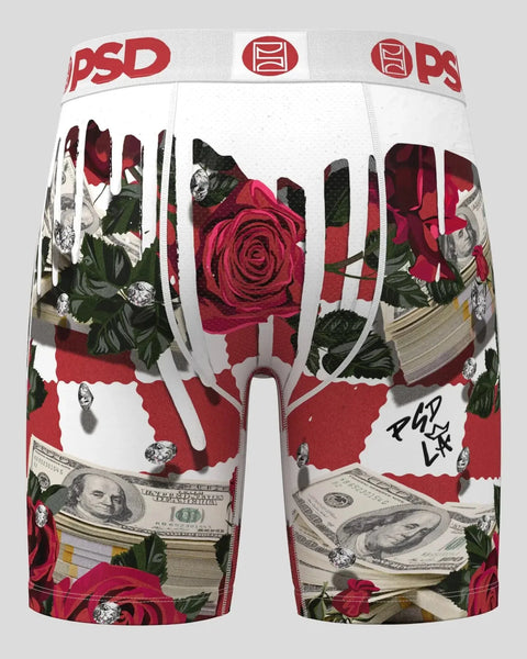 White PSD boxer briefs with red roses, green leaves, dollar bills, and diamonds printed throughout.