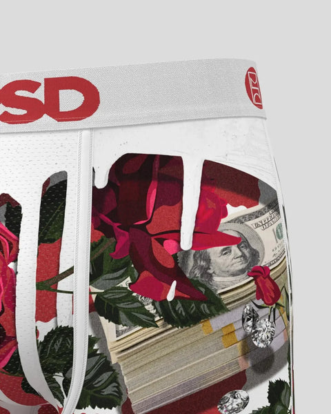 White boxer briefs with red and pink rose floral print, elastic waistband with red branding, and dollar bill graphic detail.