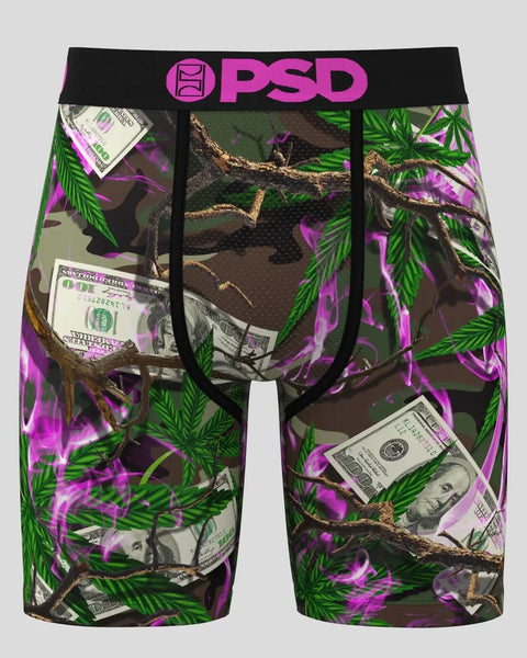 PSD brand boxer shorts with purple and green cannabis leaf pattern mixed with dollar bill imagery on black background.
