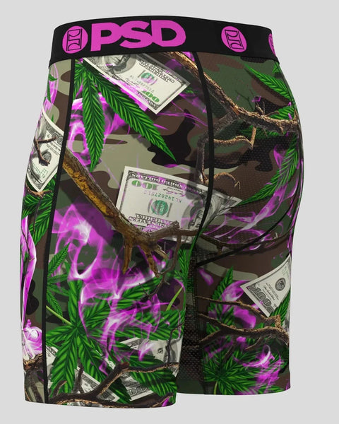PSD brand boxer briefs with camo, leaf, currency, and neon purple flame pattern throughout.