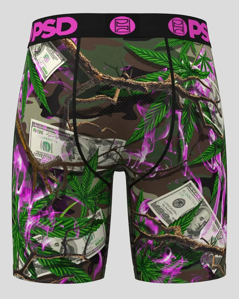 Men's boxer briefs with magenta PSD waistband featuring green leaf, brown branch, purple neon, and dollar bill print througho