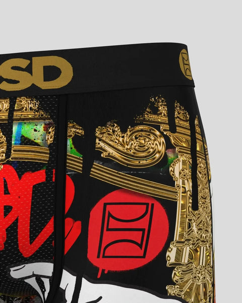 Black waistband with gold text and ornate designs, red graphic elements, and colorful accents on mesh fabric.