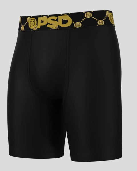 Black shorts with gold and black emblem waistband featuring logo graphics.