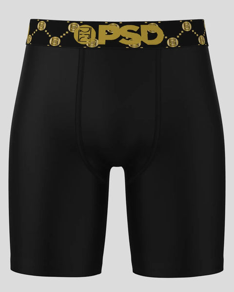 Black boxer briefs with gold PSD emblem waistband and center seam design.