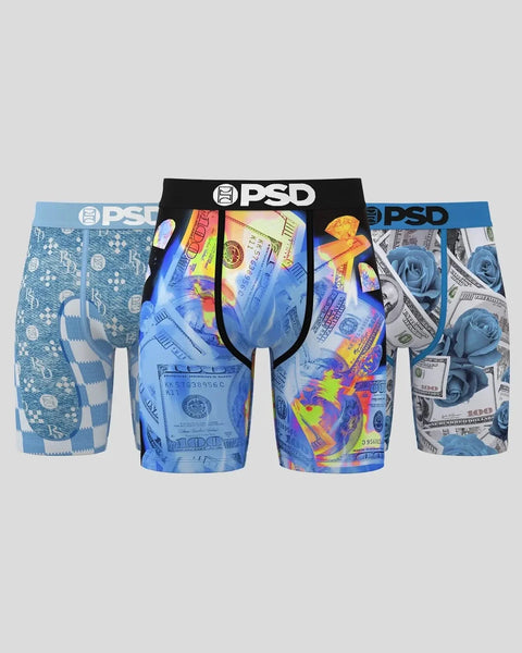 Three PSD boxer briefs with blue waistbands featuring currency and geometric patterns in blue, colorful, and monochrome desig