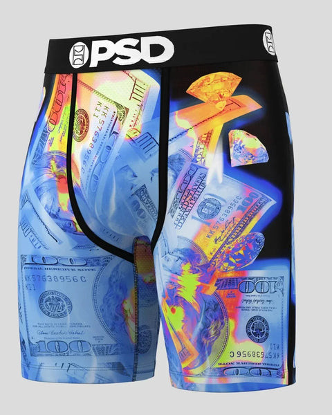 PSD brand boxer briefs with blue background featuring colorful holographic dollar bill and abstract design.