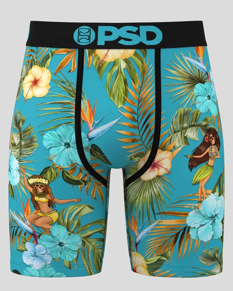 PSD brand underwear with tropical print featuring colorful flowers, palm fronds, and illustrated figures on turquoise backgro