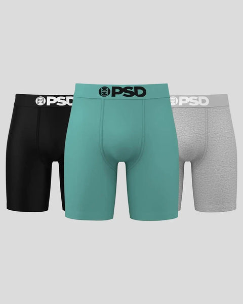 Three PSD boxer briefs in black, teal, and gray with logo waistbands.