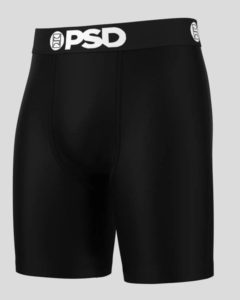 Black boxer shorts with PSD brand waistband and logo on right leg.