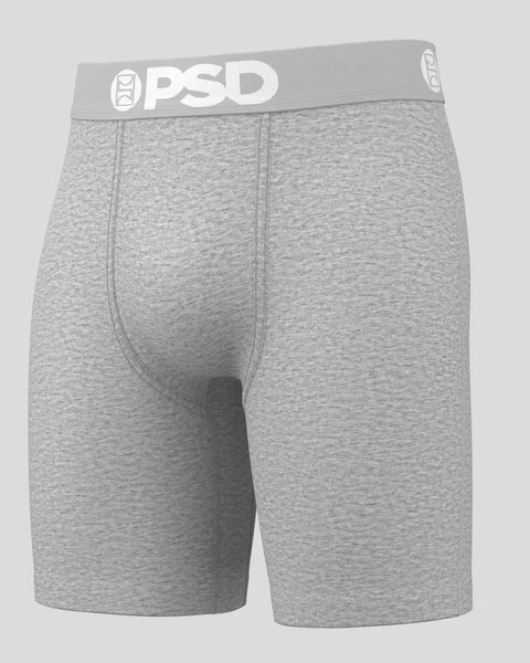 Three gray PSD brand boxer briefs with elastic waistband and center seam detail displayed on flat surface.