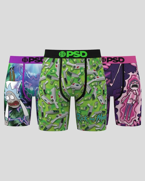 Three PSD boxer briefs featuring Rick and Morty characters and designs in purple, green, and pink colorways with elastic wais