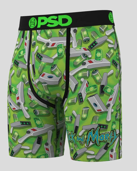 Three-pack of green boxer briefs with Rick and Morty spaceship and portal print, black waistband with PSD logo.