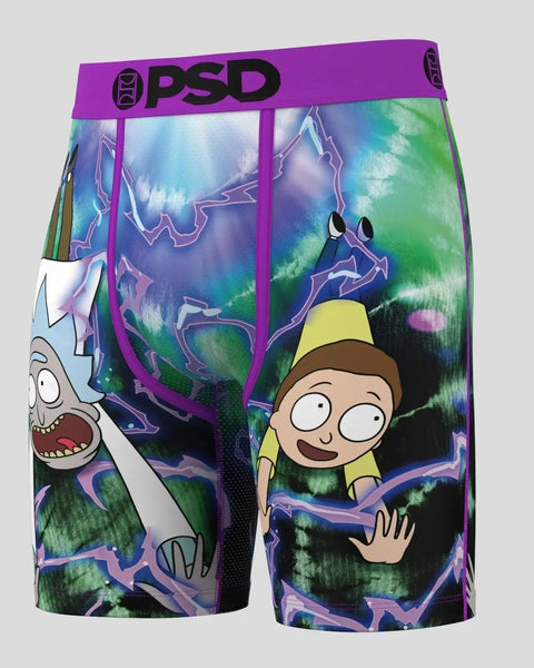 PSD brand boxer shorts with Rick and Morty characters and purple waistband on colorful abstract background.