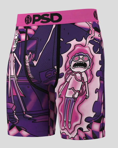 Men's boxer briefs with pink and purple Rick and Morty graphic print and PSD waistband.