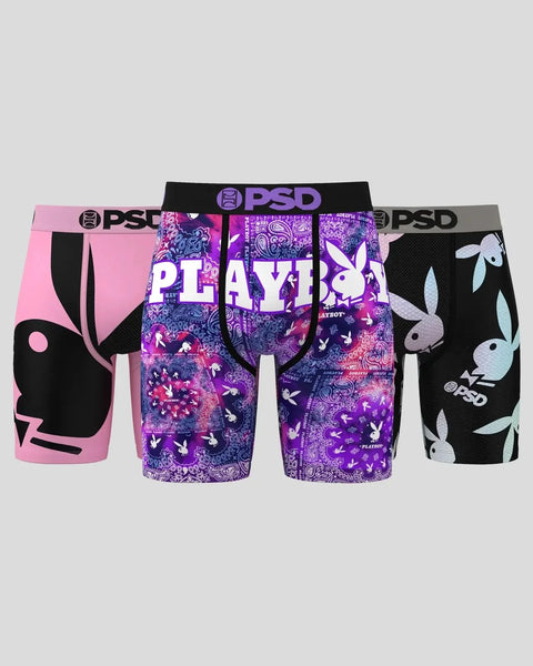 Three boxer briefs in pink, purple patterned, and black with Playboy bunny logo and PSD waistbands.