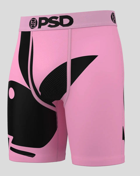Pink and black PSD boxer briefs with Playboy bunny logo graphic on front and waistband.
