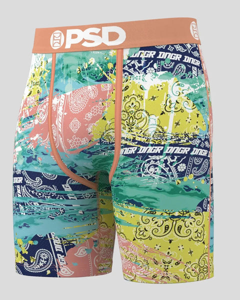 PSD men's boxer briefs with patchwork paisley design in yellow, teal, navy, and pink colorblocks.