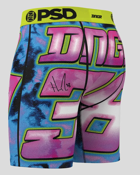 PSD athletic shorts with neon pink, blue, and lime green tie-dye pattern and 