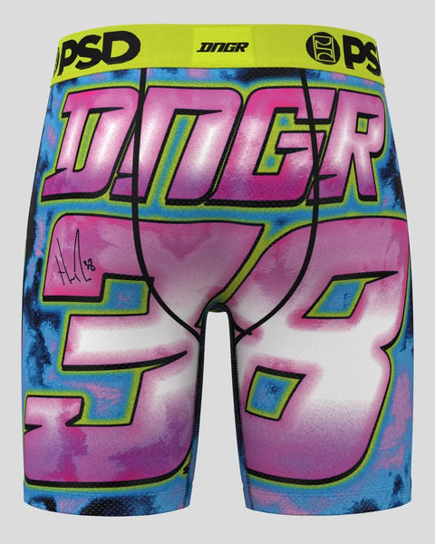 PSD underwear with tie-dye pattern in pink, blue, and lime green with 