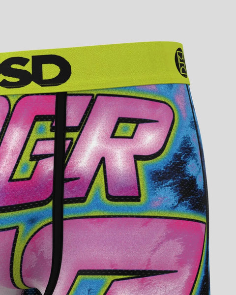 Neon lime green, pink, and blue tie-dye jersey with black graphic lettering and logo on waistband.