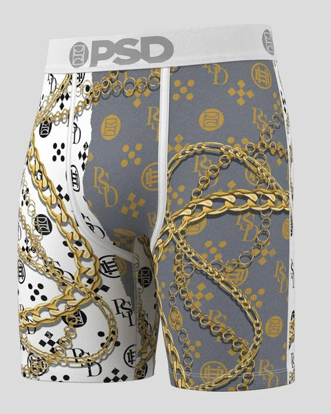 PSD Lux 38 boxer briefs with grey and white panels featuring gold chain and letter patterns.