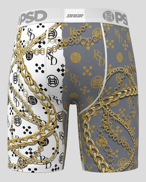 Men's boxer briefs with split design: white left side with gold chains and black monogram print, gray right side with gold ch