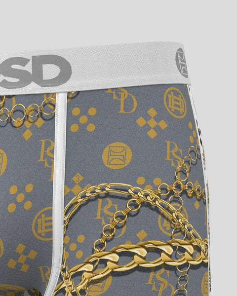 Gray boxer briefs with gold chain and logo pattern, white waistband with gray branding.