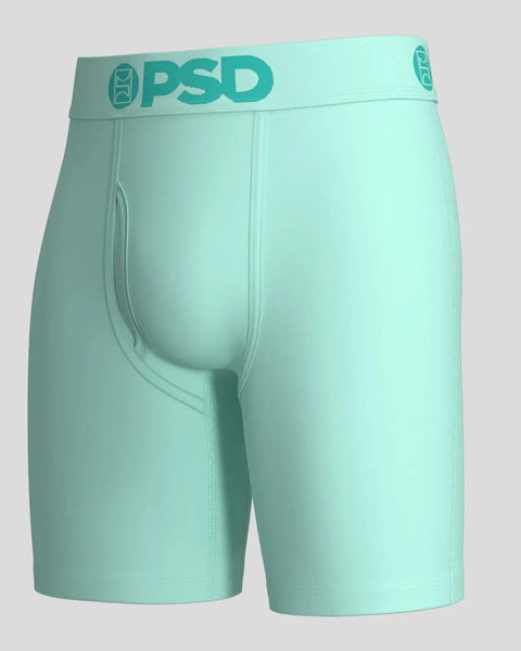 Mint green modal boxer briefs with PSD waistband and center fly opening.