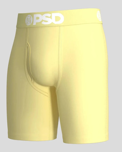 Pastel yellow modal boxer briefs with PSD logo waistband and front fly opening.