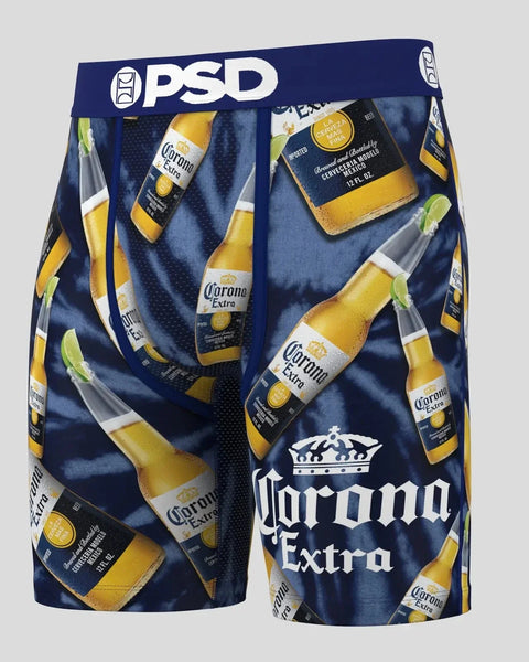 Navy blue PSD boxer shorts with Corona Extra beer bottle and lime print throughout.