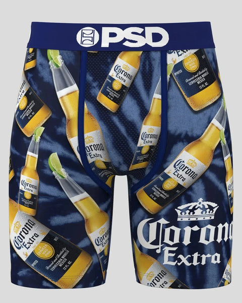 PSD navy blue boxer shorts with Corona Extra beer bottle and lime pattern throughout.
