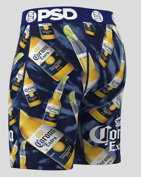 Navy blue PSD shorts with allover Corona Extra beer bottle and lime print pattern.