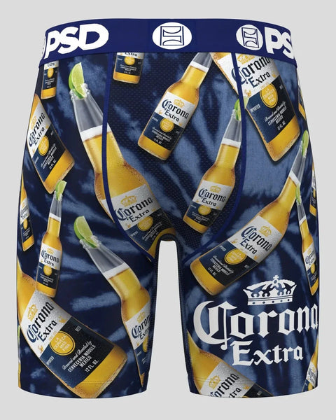 Navy blue boxer shorts with repeating Corona Extra beer bottle and lime print pattern.
