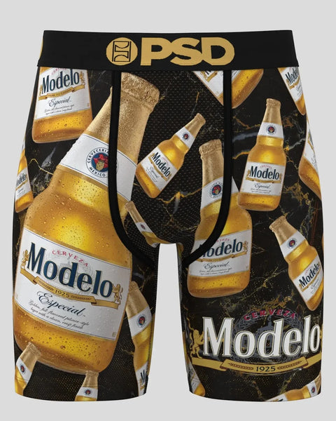 PSD boxer shorts with Modelo Especial beer bottle and glass print on black background.